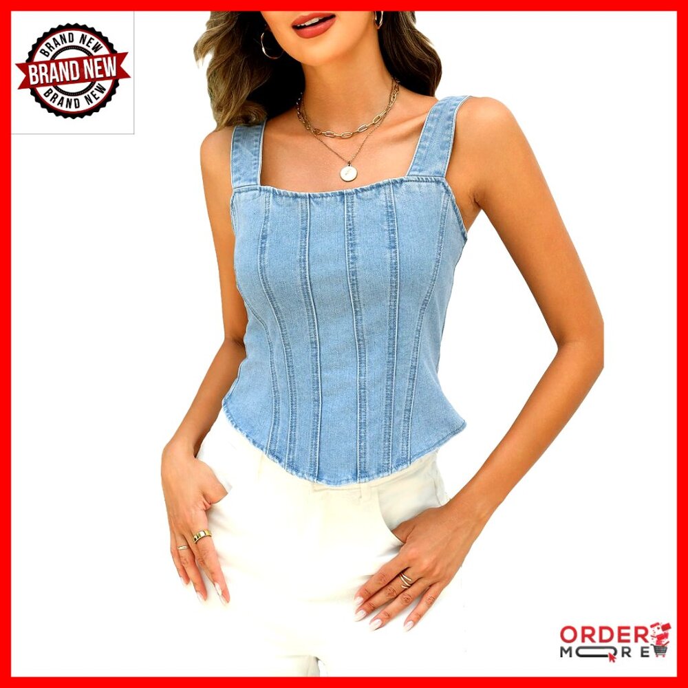 Denim Corset Top Square Neck Back Tie Crop Vest Y2k Chic Casual Wear